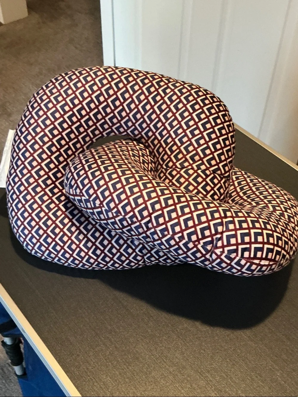 Patterned Throw/Neck Pillow in Navy and White with Burgundy Accents
